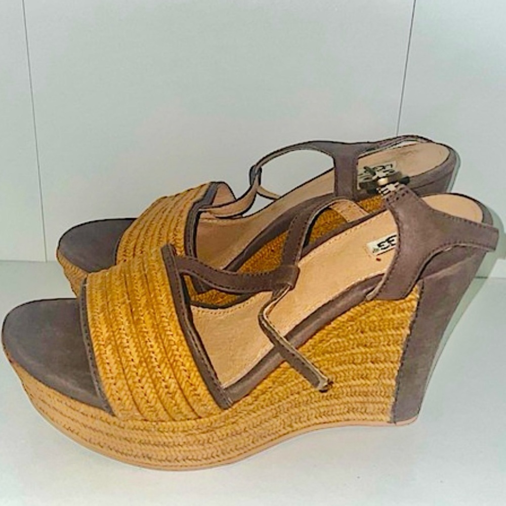 Ugg edges woven wedges brown summer wedges ankle strap heels
